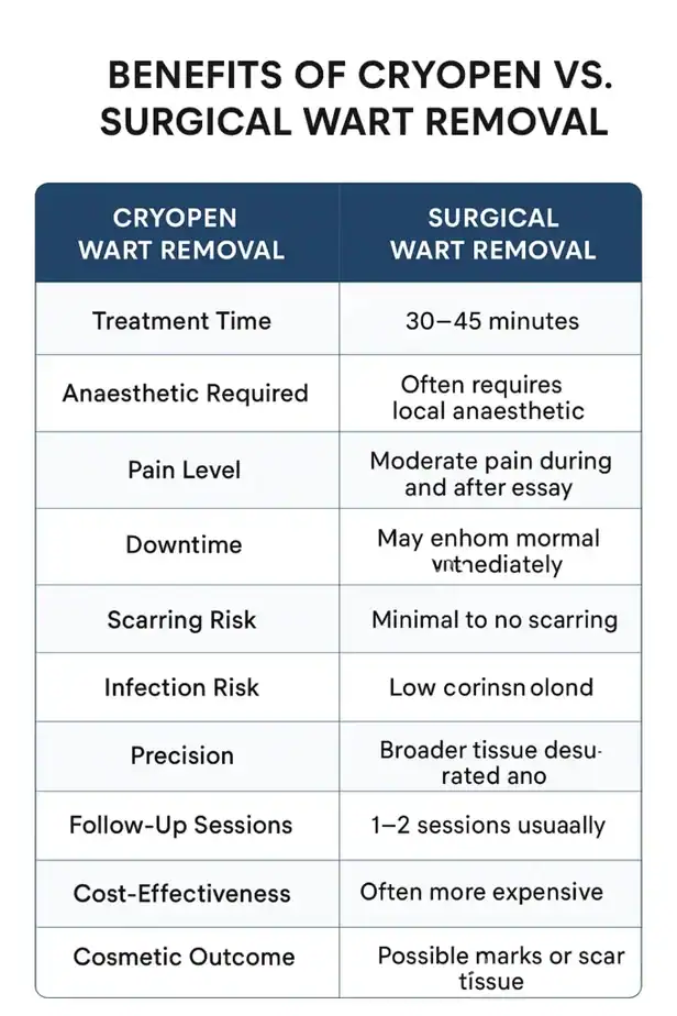 Table showing the benefits of cryopen to remove warts Cheshunt compared to surgical treatment